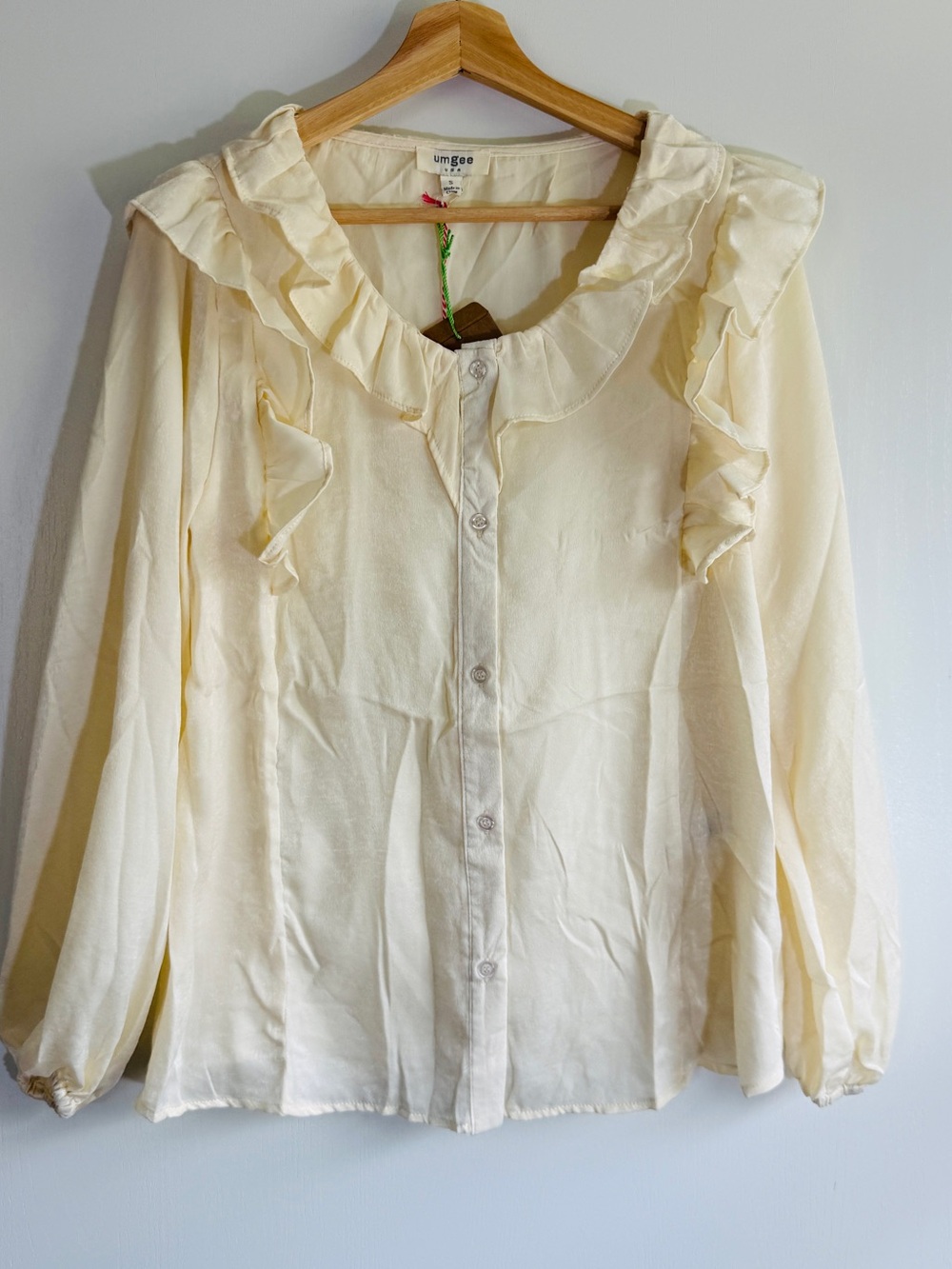 Umgee Womens Ivory Cream Ruffle-Trim Button Down Blouse Size S Peasant Pirate